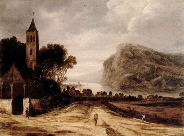 An extensiver river landscape with a church,cattle grazing and a traveller on a track, Philippe de Momper